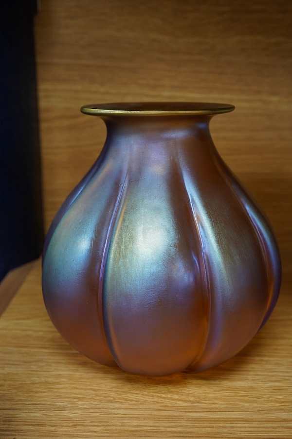 Two WMF Myra iridescent glass vases and a similar tazza, largest 24cm diameter. Condition - tazza chipped at rim, otherwise good